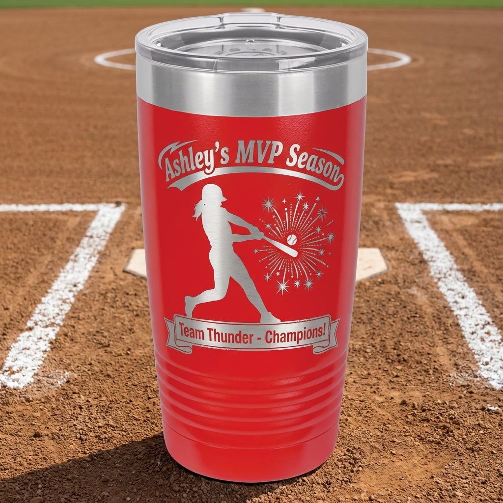Personalized Softball Player Gift 20oz Tumbler - Laser Engraved Team Award - Custom Name Drinkware for Athletes - View 1
