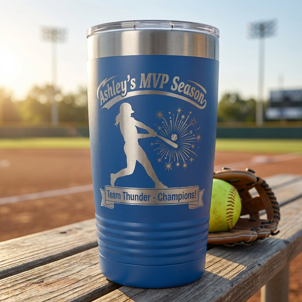 Personalized Softball Player Gift 20oz Tumbler - Laser Engraved Team Award - Custom Name Drinkware for Athletes - View 2