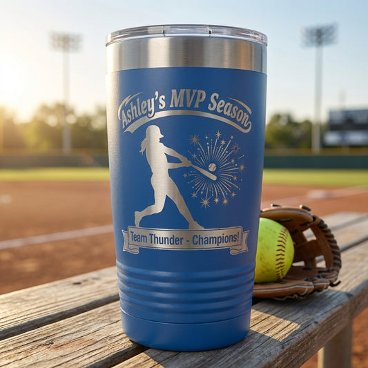 Personalized Softball Player Gift 20oz Tumbler - Laser Engraved Team Award - Custom Name Drinkware for Athletes - View 2