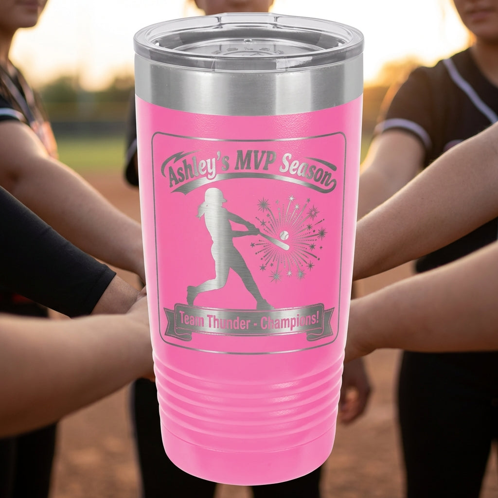 Personalized Softball Player Gift 20oz Tumbler - Laser Engraved Team Award - Custom Name Drinkware for Athletes - View 3