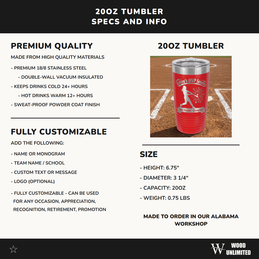 Personalized Softball Player Gift 20oz Tumbler - Laser Engraved Team Award - Custom Name Drinkware for Athletes