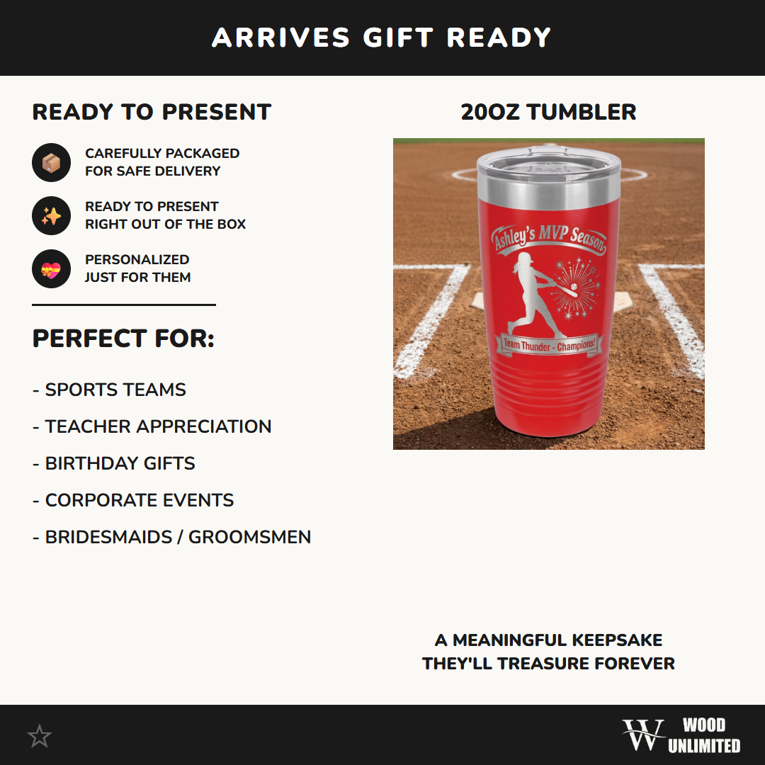Personalized Softball Player Gift 20oz Tumbler - Laser Engraved Team Award - Custom Name Drinkware for Athletes