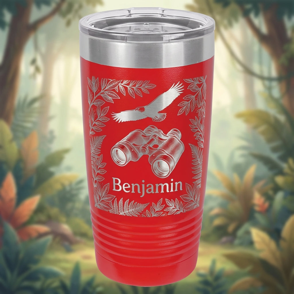 Personalized Outdoors Explorer Tumbler - Eagle Binoculars Wildlife Gift - Custom Engraved Nature Lover Ringneck Cup - View 1