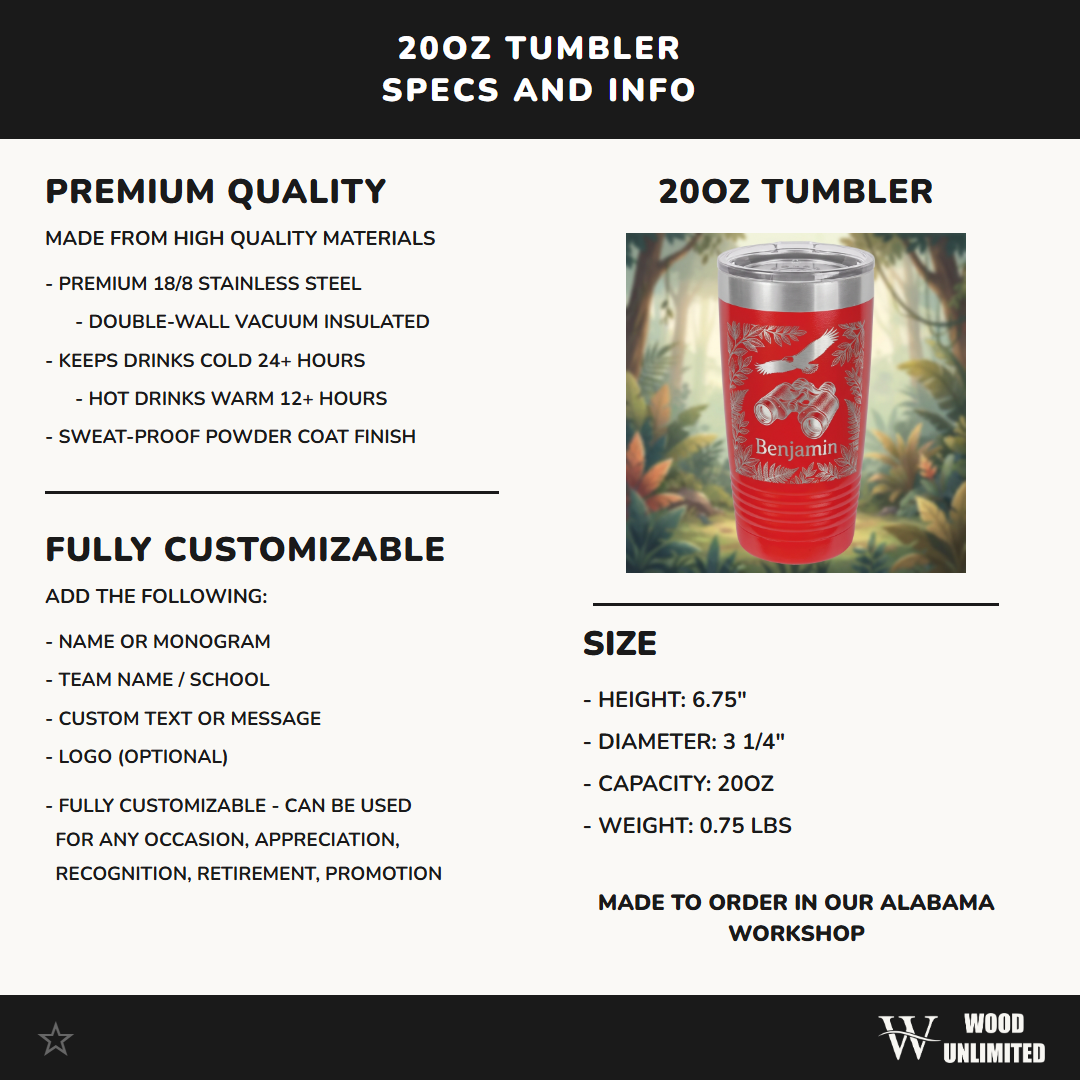 Personalized Outdoors Explorer Tumbler - Eagle Binoculars Wildlife Gift - Custom Engraved Nature Lover Ringneck Cup