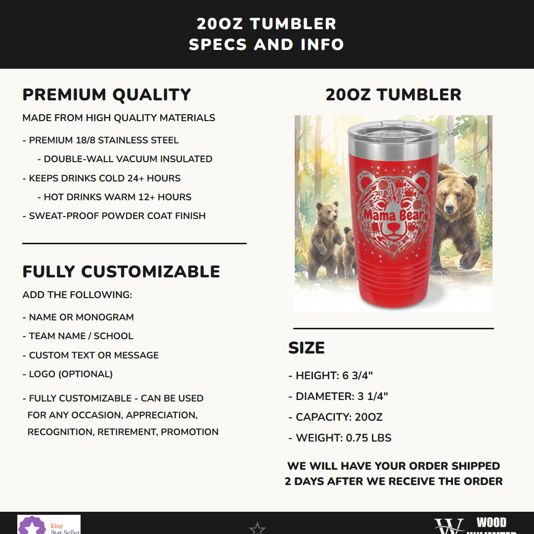Personalized Mama Bear Tumbler for Hobby Mom - Creative Mother's Day Gift - Laser Engraved 20oz Ringneck Mug