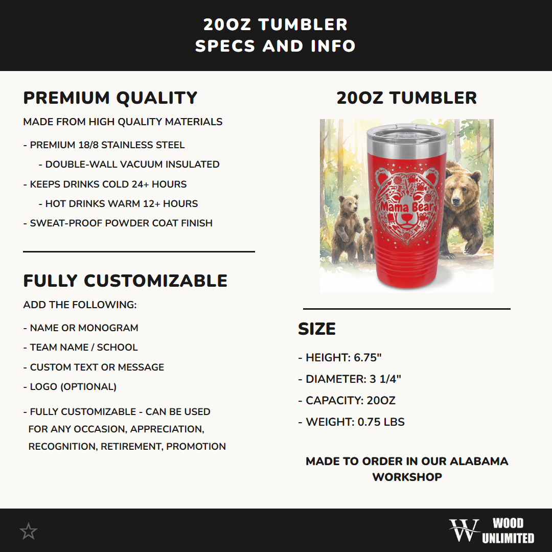 Personalized Mama Bear Tumbler for Hobby Mom - Creative Mother's Day Gift - Laser Engraved 20oz Ringneck Mug