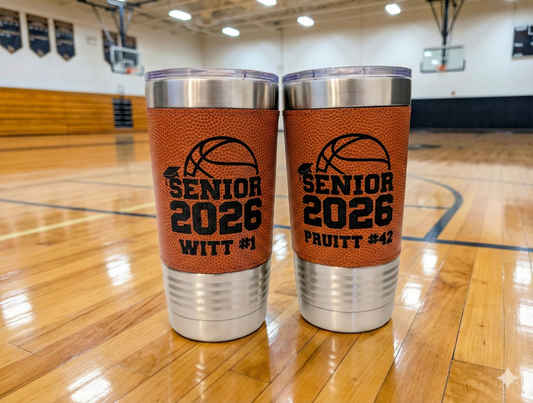 Senior 2026 Basketball Tumbler - Two tumblers showing personalization