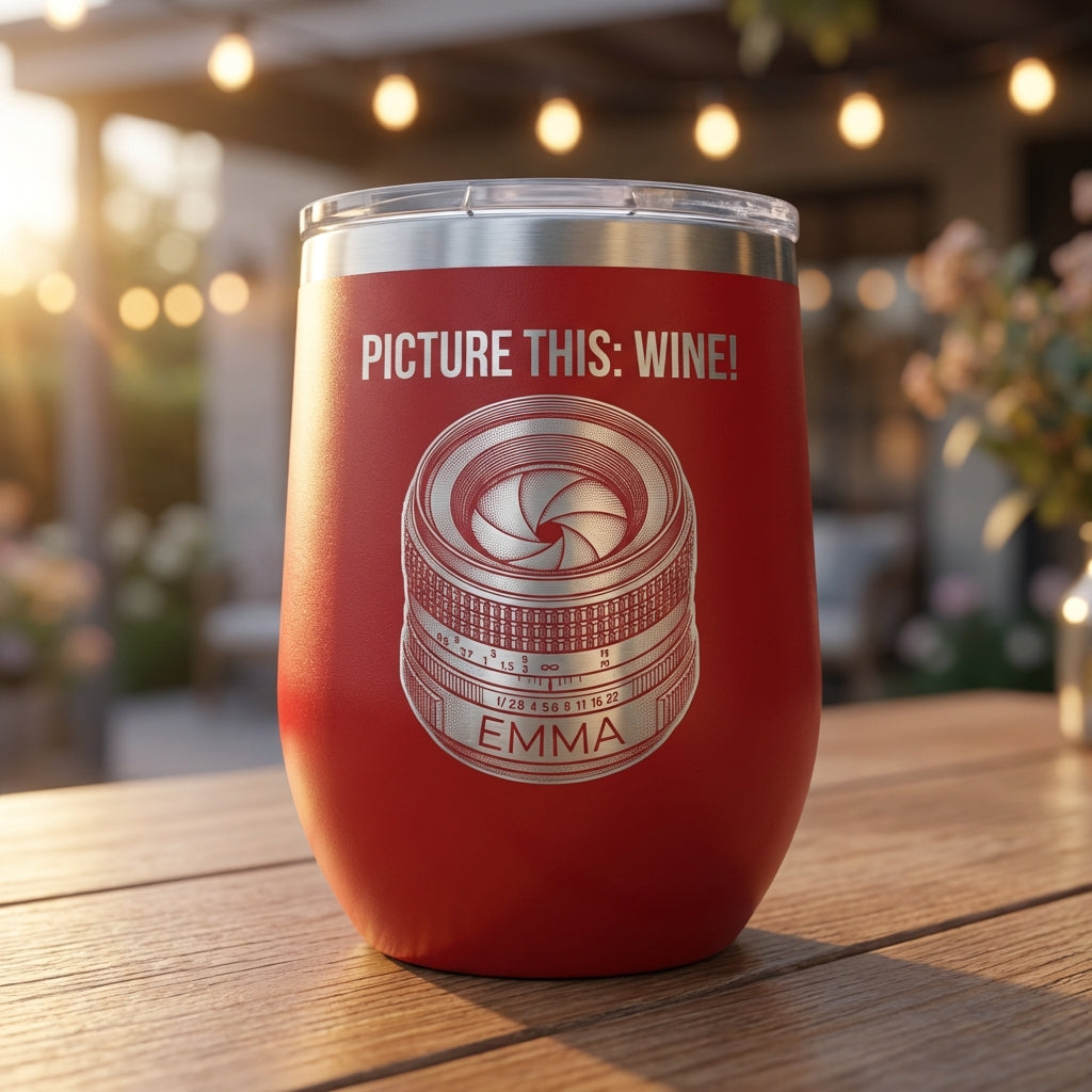 Personalized Photography Lover Gift Tumbler - Camera Lens Wine Design - Laser Engraved - Custom Name - View 2
