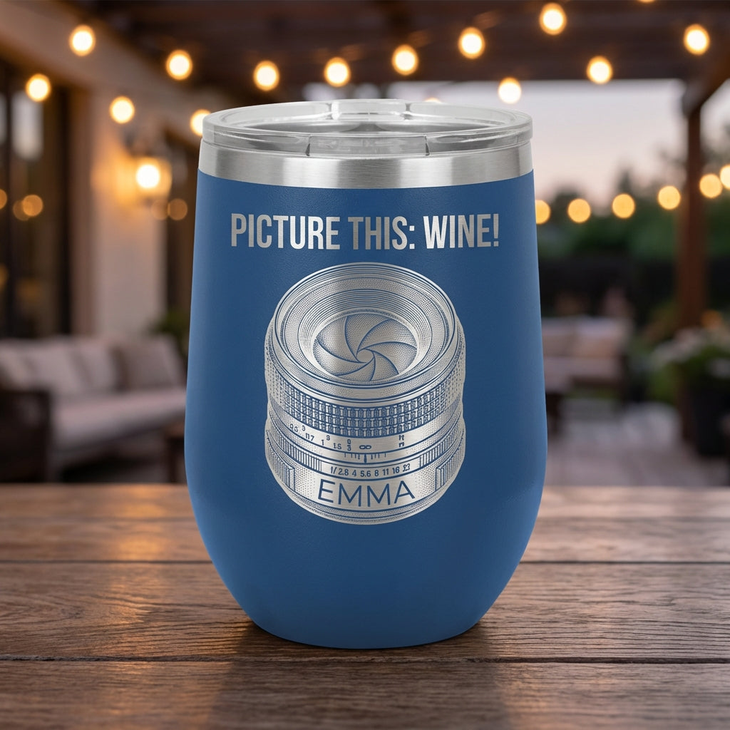 Personalized Photography Lover Gift Tumbler - Camera Lens Wine Design - Laser Engraved - Custom Name - View 3