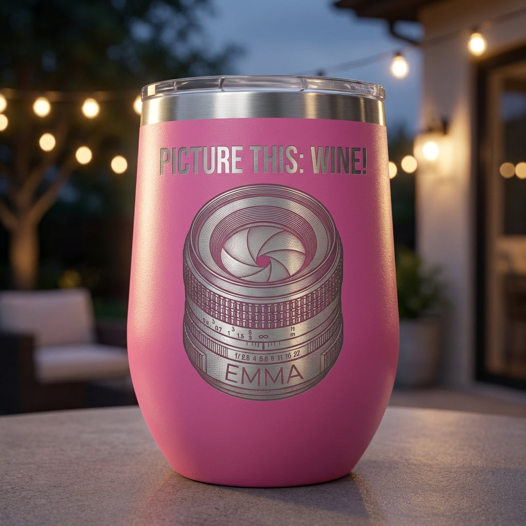 Personalized Photography Lover Gift Tumbler - Camera Lens Wine Design - Laser Engraved - Custom Name - View 4