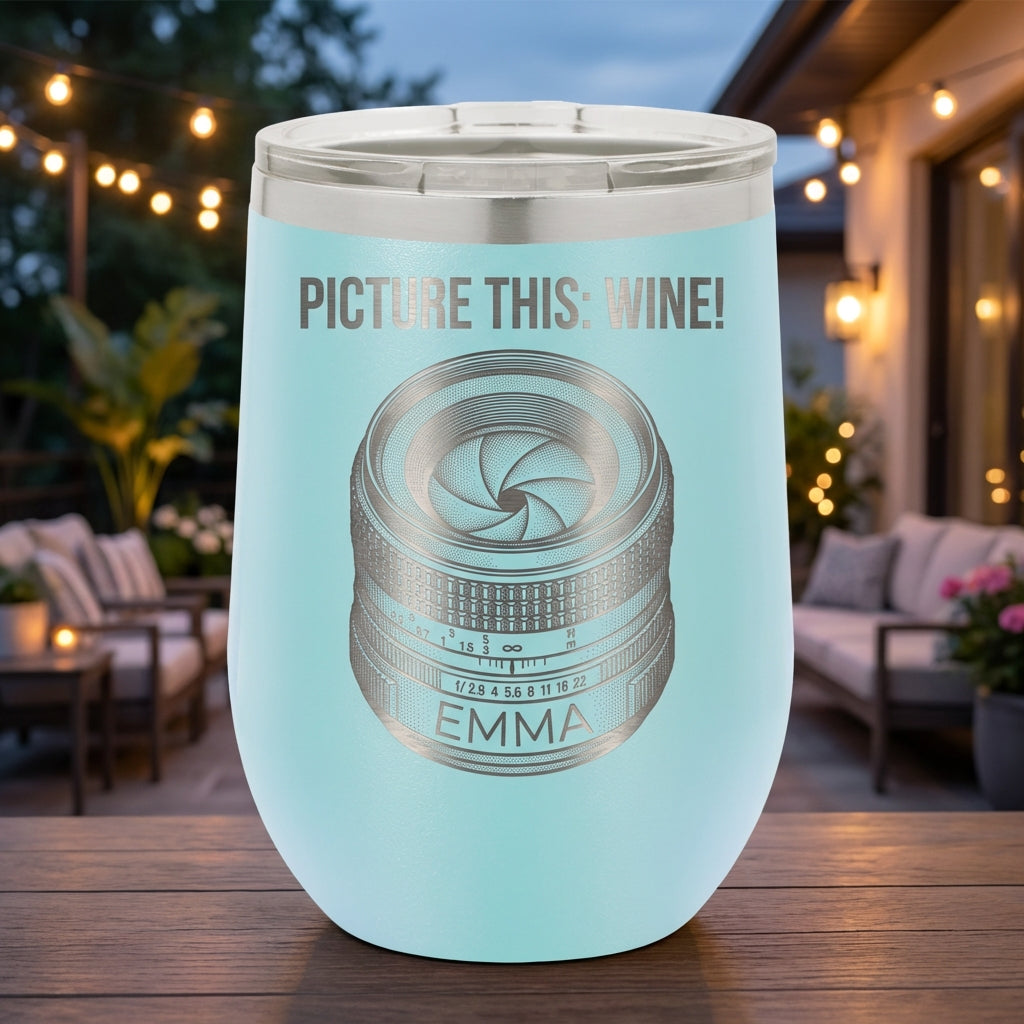 Personalized Photography Lover Gift Tumbler - Camera Lens Wine Design - Laser Engraved - Custom Name - View 5