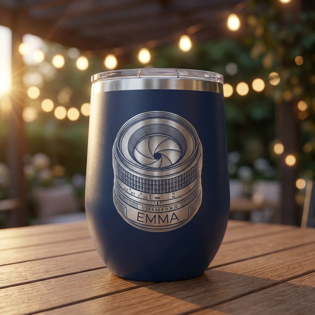 Personalized Photography Lover Gift Tumbler - Camera Lens Wine Design - Laser Engraved - Custom Name - View 7