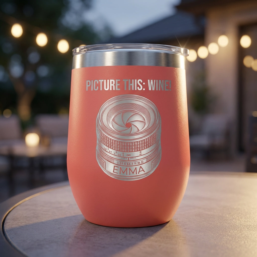 Personalized Photography Lover Gift Tumbler - Camera Lens Wine Design - Laser Engraved - Custom Name - View 9