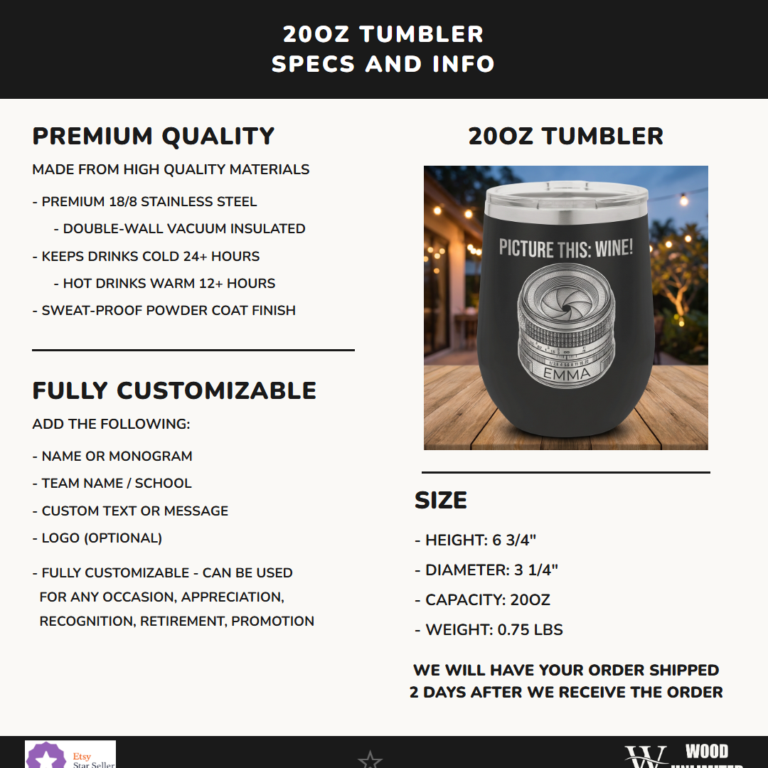 Personalized Photography Lover Gift Tumbler - Camera Lens Wine Design - Laser Engraved - Custom Name