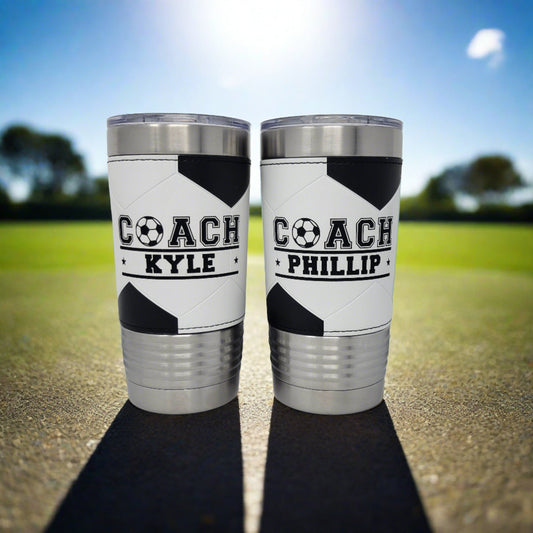 Custom Engraved Soccer Coach Tumbler – alternate angle showing soccer ball texture sleeve