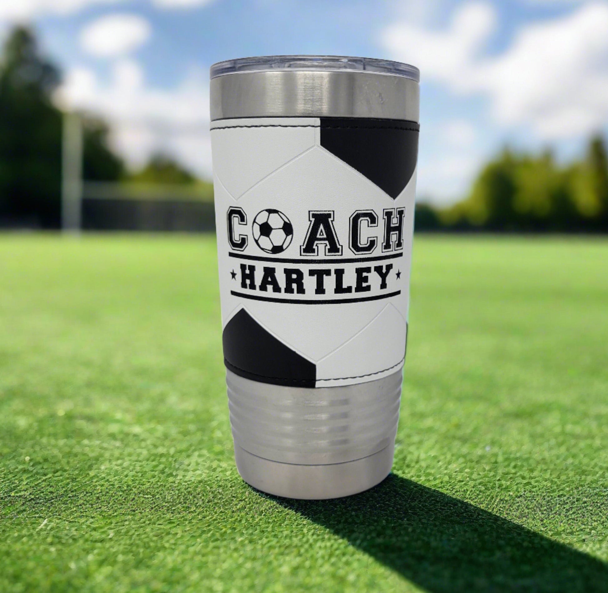 Personalized Soccer Tumbler in hand – showing size and quality