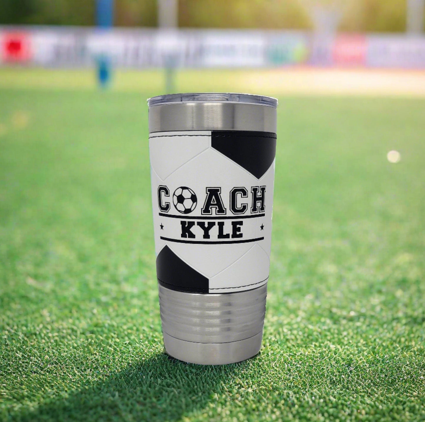 Soccer Coach Tumbler back view – soccer texture leatherette detail