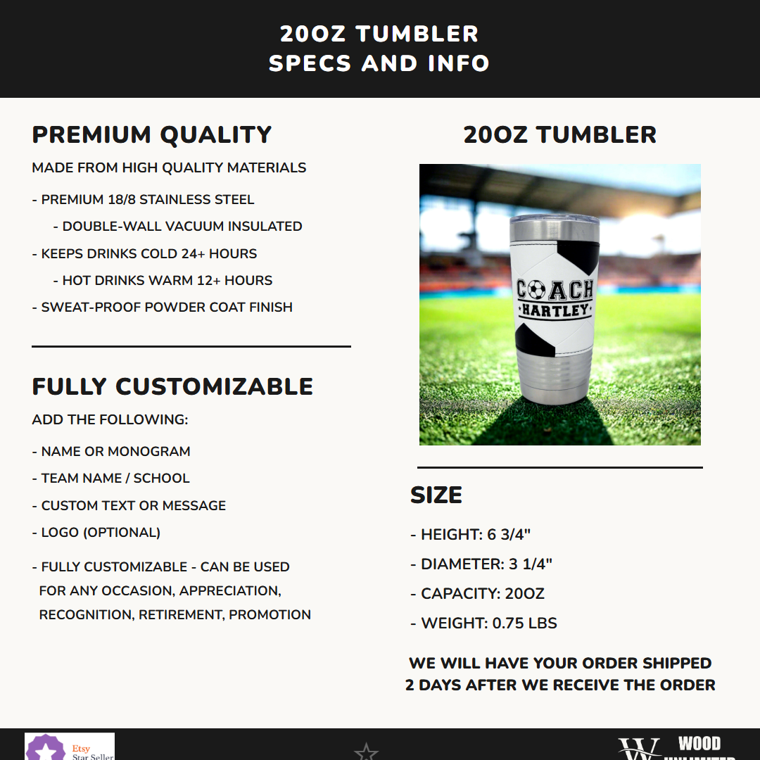 20oz Soccer Coach Tumbler specs and features infographic