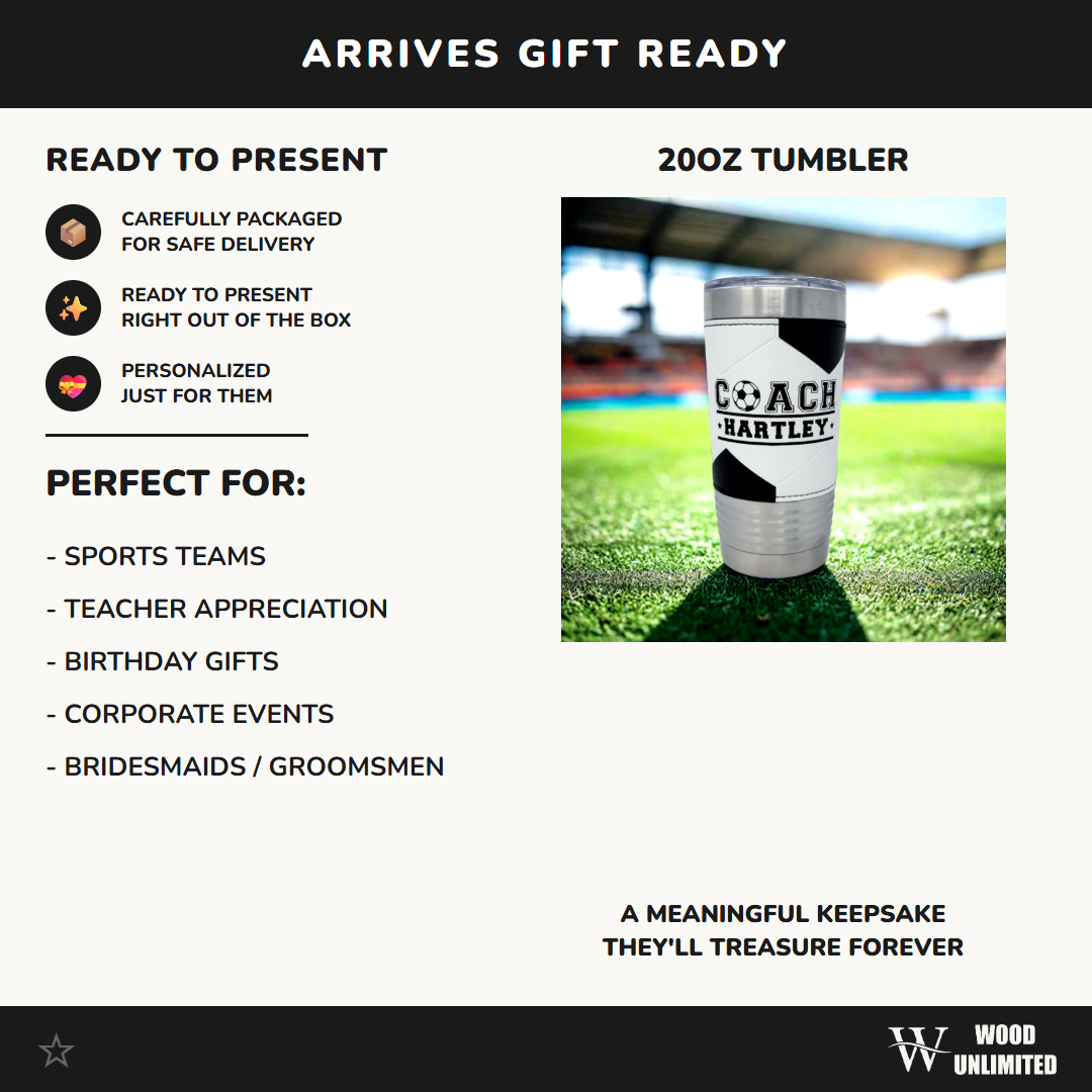 Soccer Coach Gift Tumbler - Personalized Leatherette Soccer Tumbler, Custom Engraved 20oz Insulated Coach Appreciation Gift