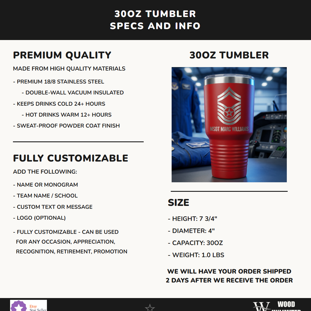 Personalized Air Force Master Sergeant Gift Tumbler - Military Retirement Promotion - Laser Engraved Custom Name 30oz