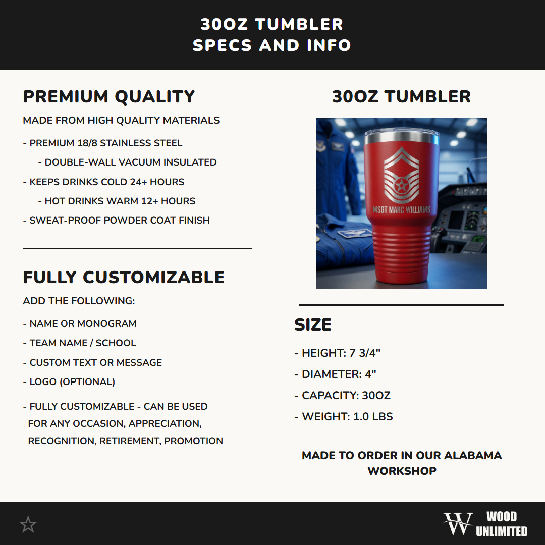 Personalized Air Force Master Sergeant Gift Tumbler - Military Retirement Promotion - Laser Engraved Custom Name 30oz