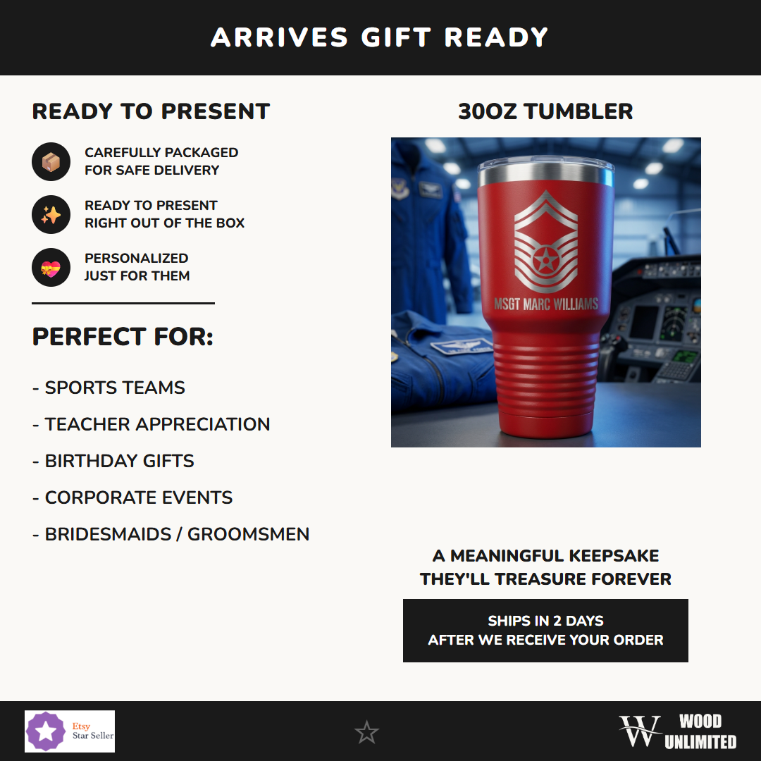 Personalized Air Force Master Sergeant Gift Tumbler - Military Retirement Promotion - Laser Engraved Custom Name 30oz