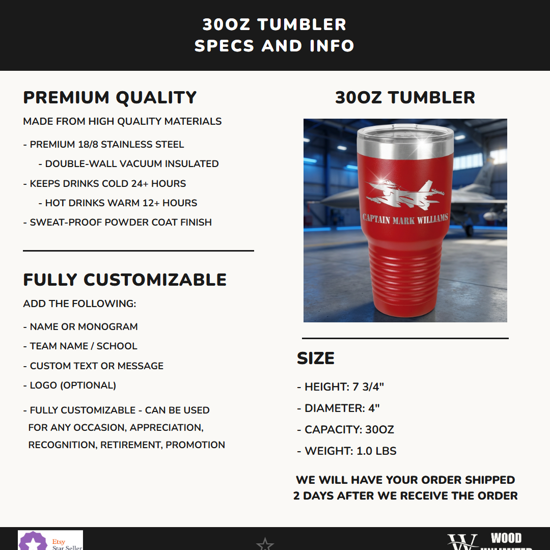 Personalized Air Force Pilot Gift Tumbler - F16 Fighter Jet Mug - Laser Engraved Military Veteran Gift - Custom Name Travel Cup