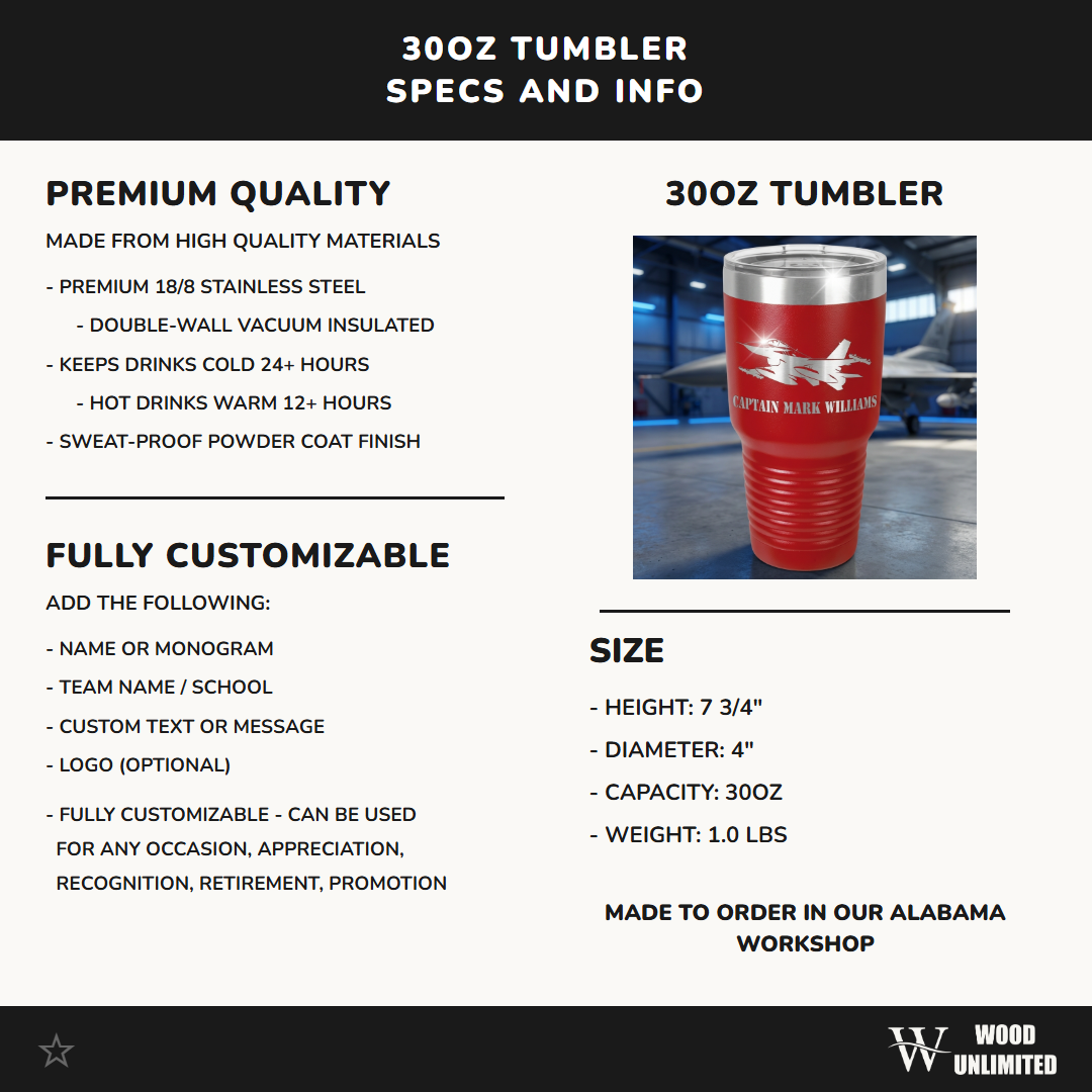 Personalized Air Force Pilot Gift Tumbler - F16 Fighter Jet Mug - Laser Engraved Military Veteran Gift - Custom Name Travel Cup