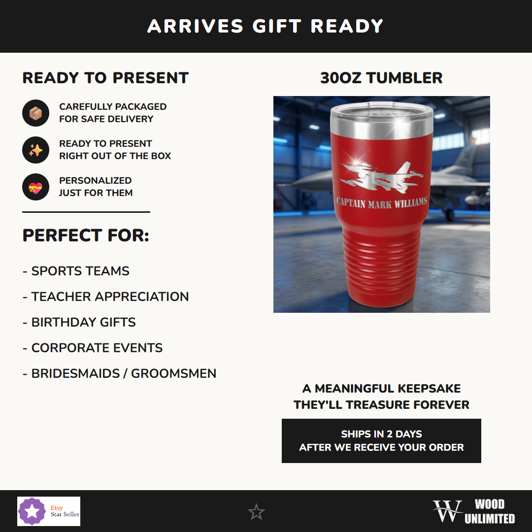 Personalized Air Force Pilot Gift Tumbler - F16 Fighter Jet Mug - Laser Engraved Military Veteran Gift - Custom Name Travel Cup
