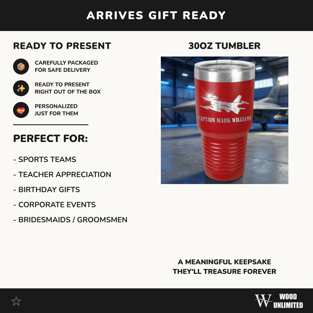 Personalized Air Force Pilot Gift Tumbler - F16 Fighter Jet Mug - Laser Engraved Military Veteran Gift - Custom Name Travel Cup
