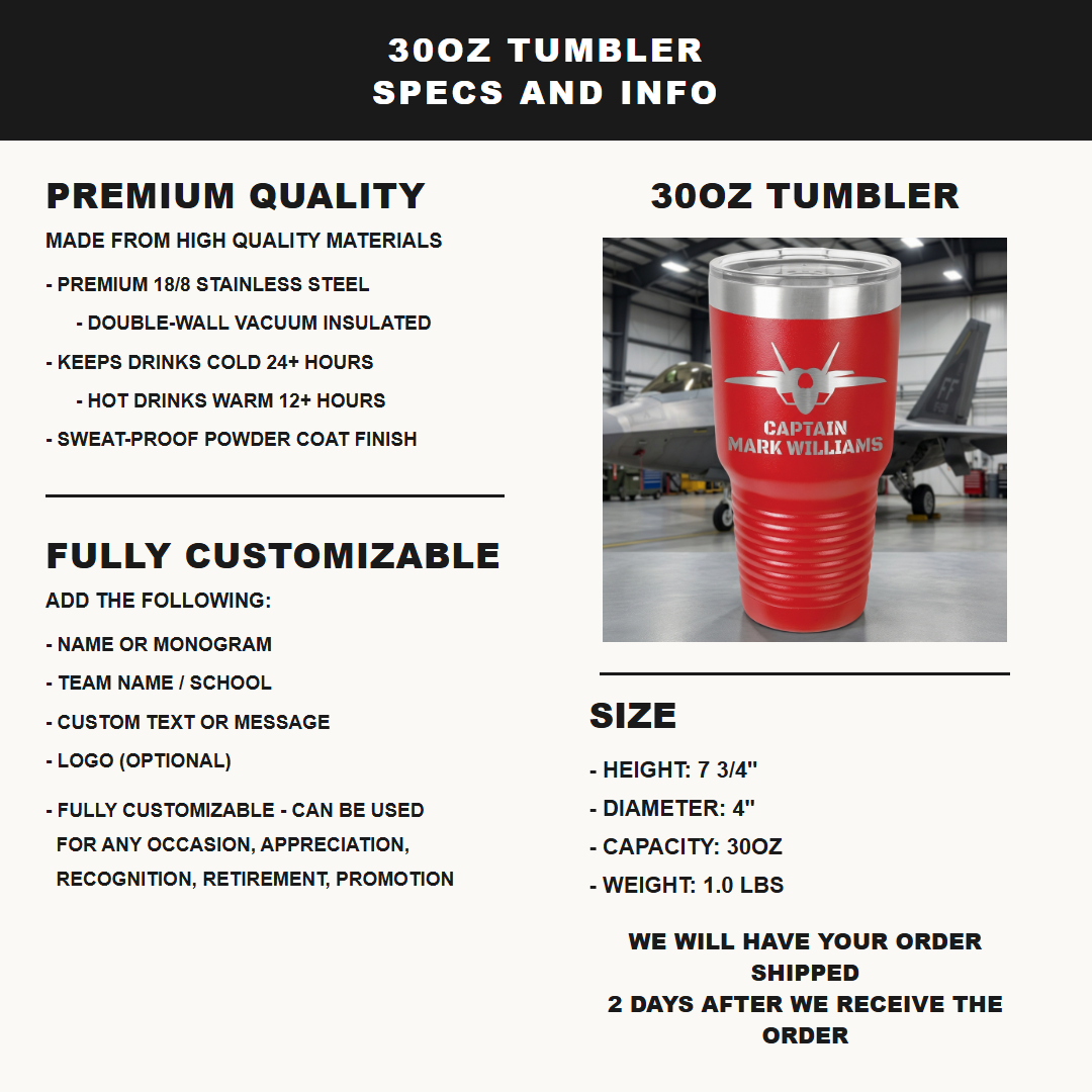 F-35 Lightning II Pilot Custom Laser Engraved 30oz Tumbler – Personalized Military Aviation Gift