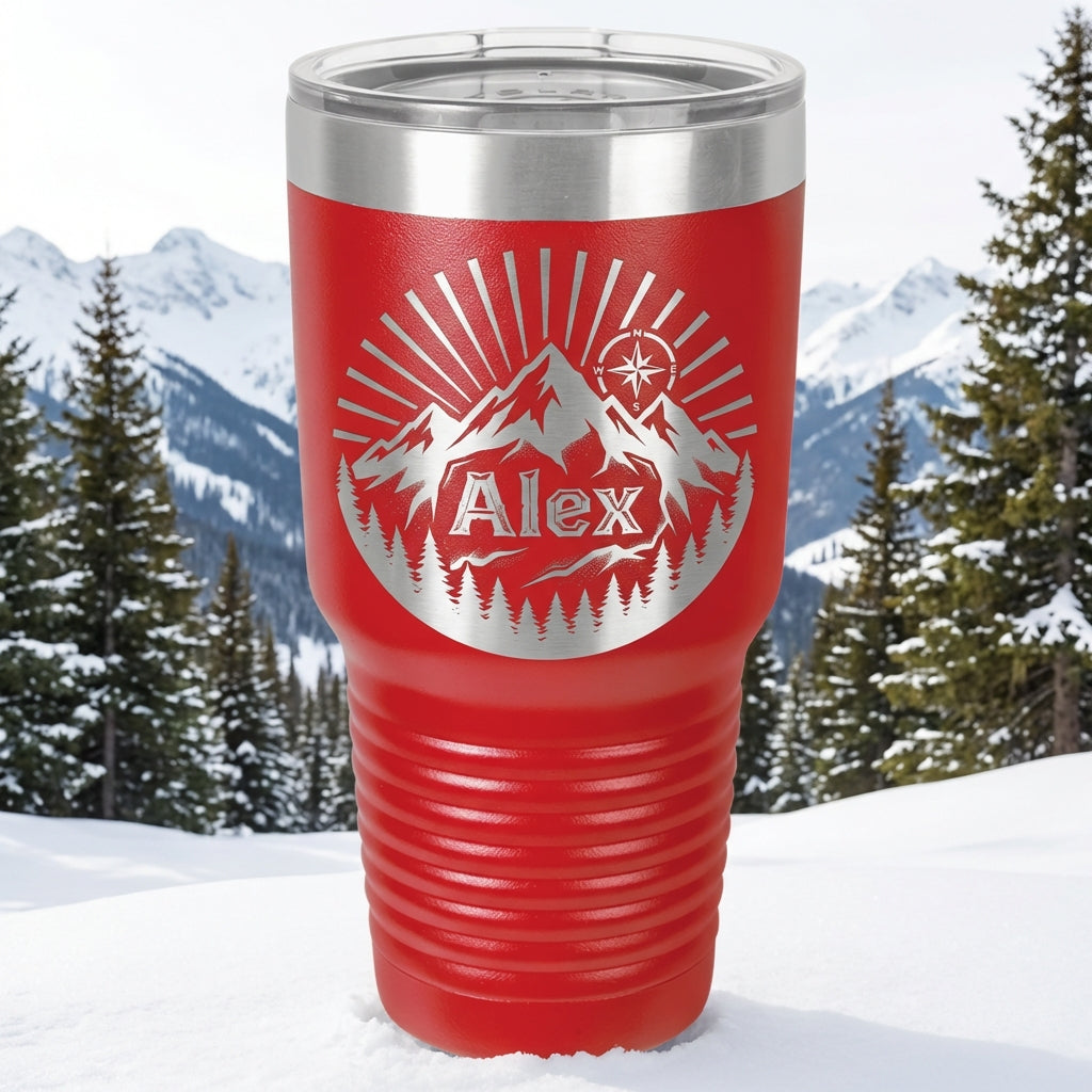 Personalized Outdoors Tumbler, Mountain Range Adventure Gift for Him Her, Laser Engraved Travel Mug, Custom Name Insulated 30oz Cup - View 1