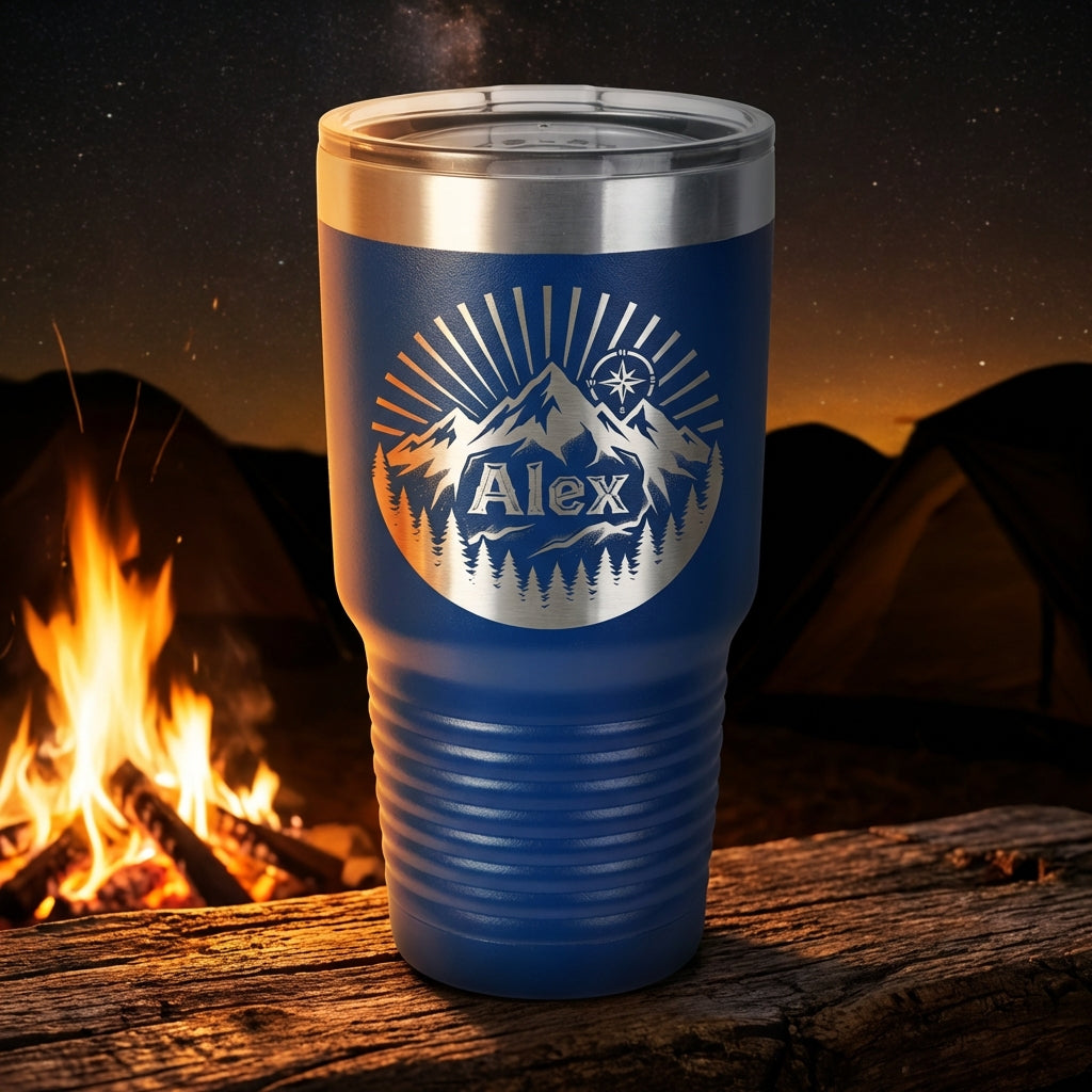 Personalized Outdoors Tumbler, Mountain Range Adventure Gift for Him Her, Laser Engraved Travel Mug, Custom Name Insulated 30oz Cup - View 2