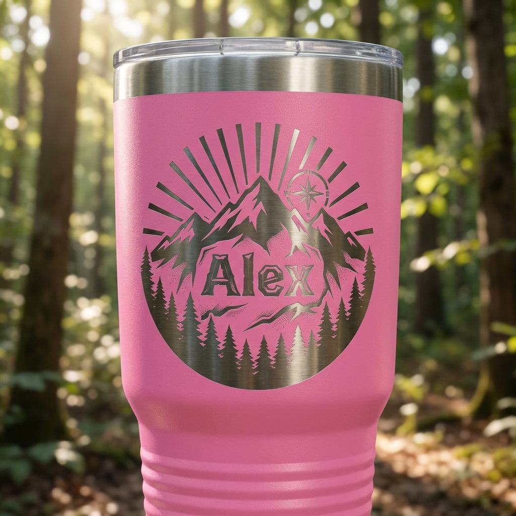 Personalized Outdoors Tumbler, Mountain Range Adventure Gift for Him Her, Laser Engraved Travel Mug, Custom Name Insulated 30oz Cup - View 3