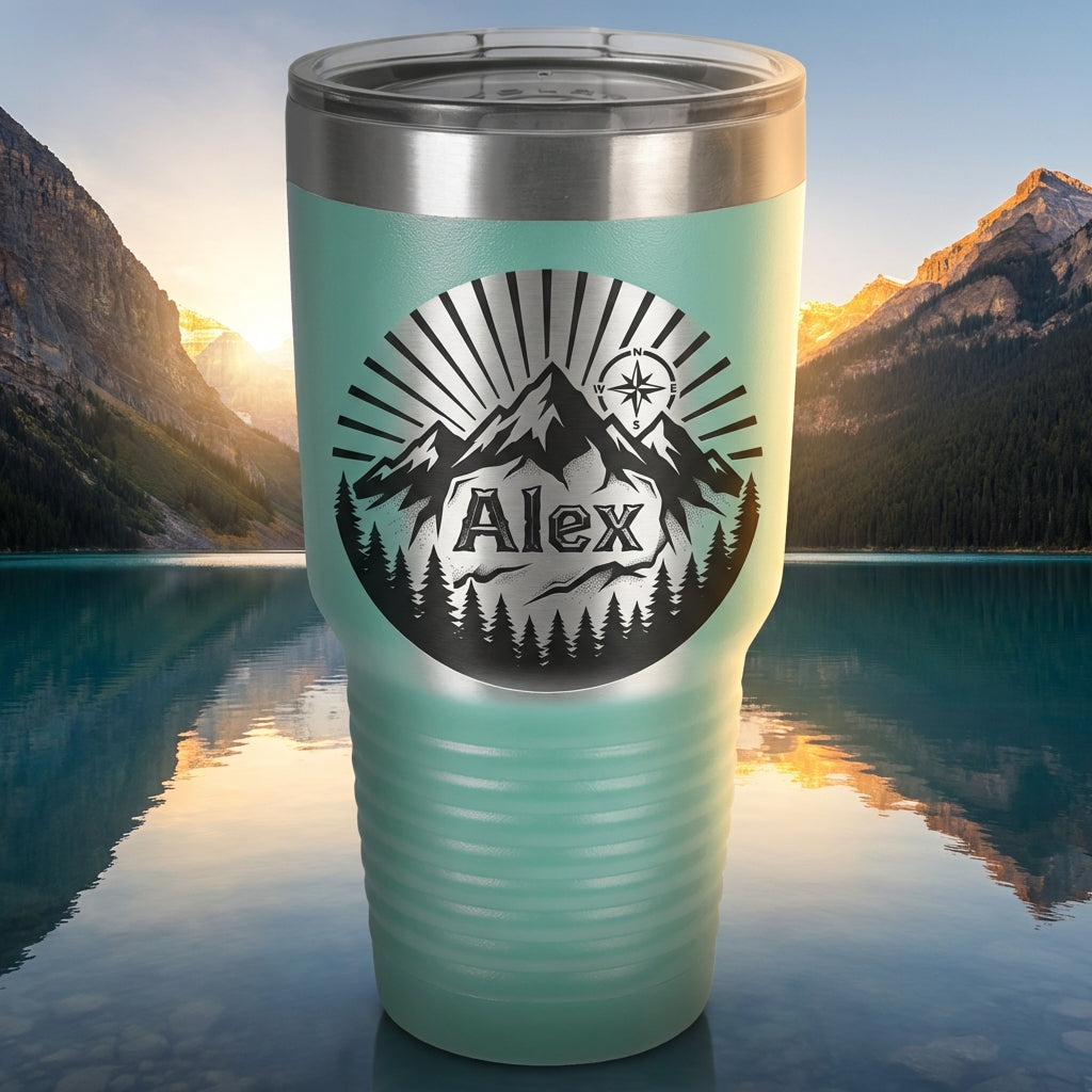 Personalized Outdoors Tumbler, Mountain Range Adventure Gift for Him Her, Laser Engraved Travel Mug, Custom Name Insulated 30oz Cup - View 4