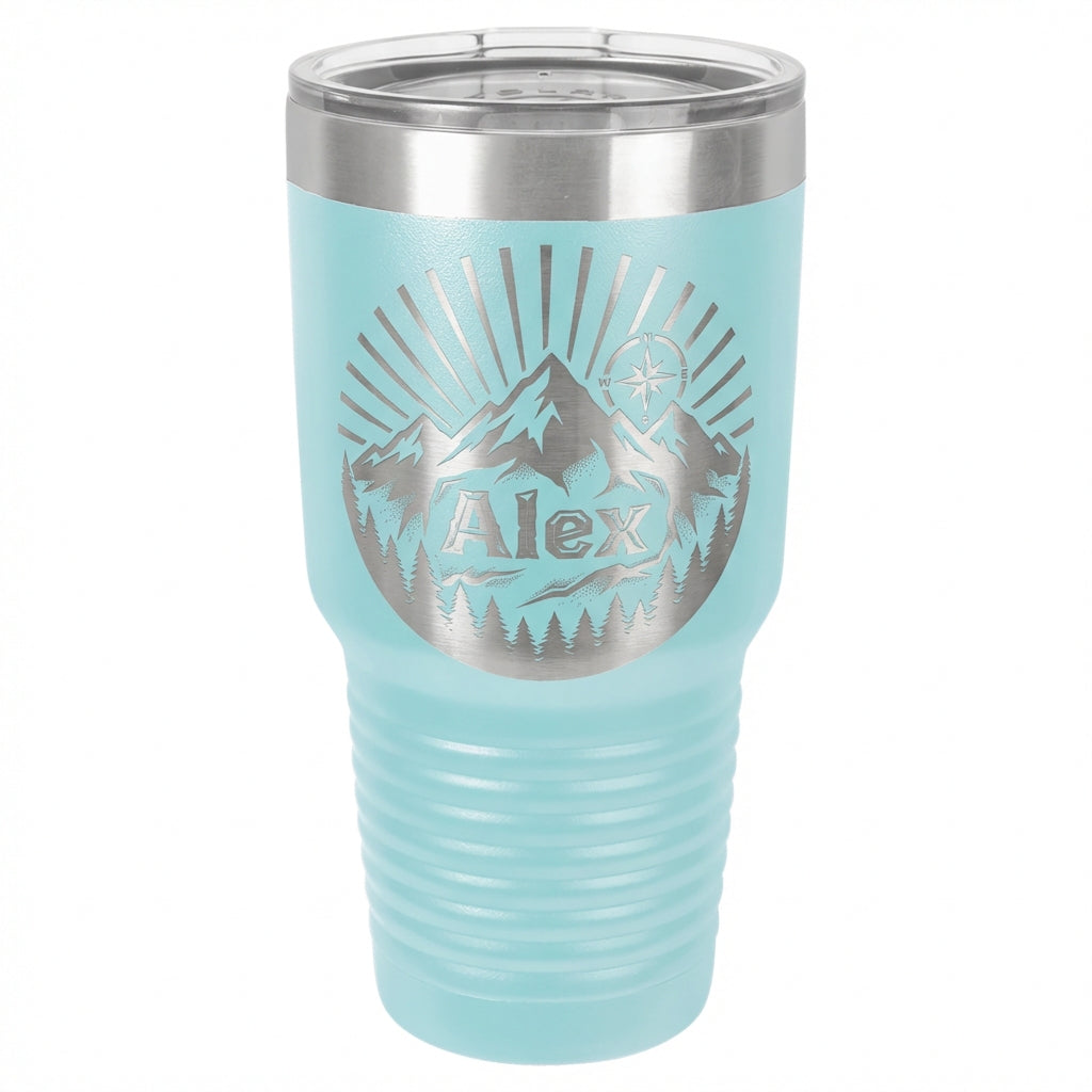 Personalized Outdoors Tumbler, Mountain Range Adventure Gift for Him Her, Laser Engraved Travel Mug, Custom Name Insulated 30oz Cup - View 5