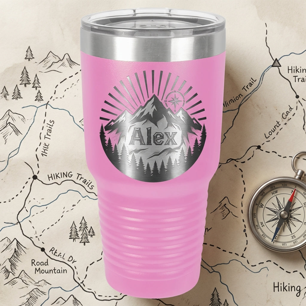 Personalized Outdoors Tumbler, Mountain Range Adventure Gift for Him Her, Laser Engraved Travel Mug, Custom Name Insulated 30oz Cup - View 6