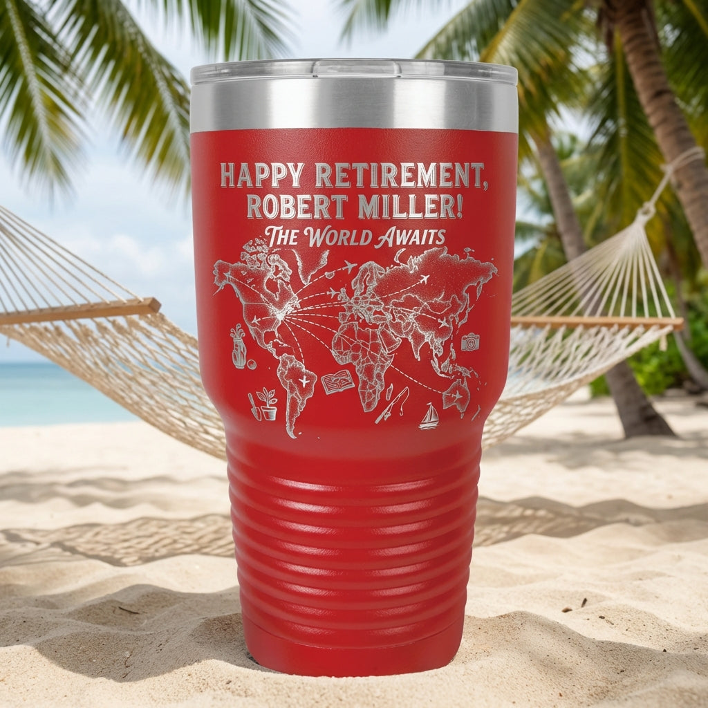 Personalized Retirement Gift Tumbler World Map Travel Adventure Laser Engraved Custom Name Retiree Gift Idea Durable Insulated - View 1