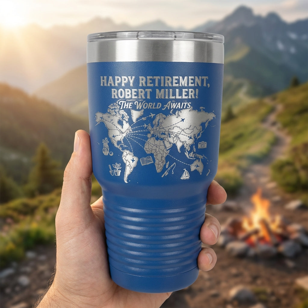 Personalized Retirement Gift Tumbler World Map Travel Adventure Laser Engraved Custom Name Retiree Gift Idea Durable Insulated - View 2