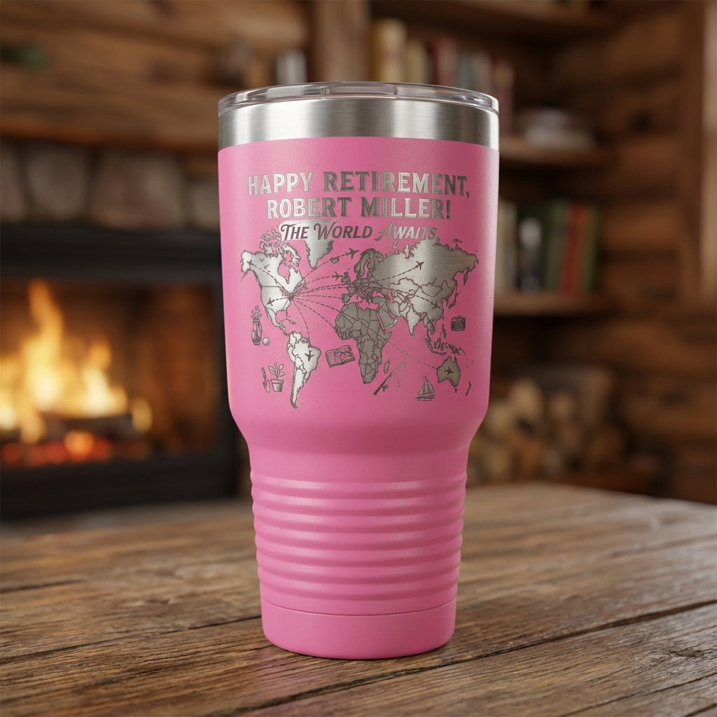 Personalized Retirement Gift Tumbler World Map Travel Adventure Laser Engraved Custom Name Retiree Gift Idea Durable Insulated - View 3