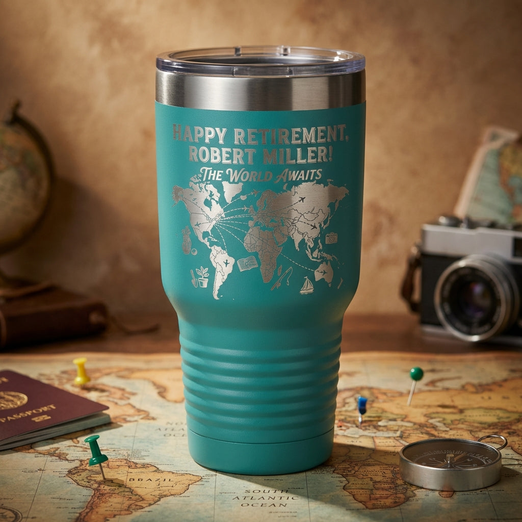 Personalized Retirement Gift Tumbler World Map Travel Adventure Laser Engraved Custom Name Retiree Gift Idea Durable Insulated - View 4