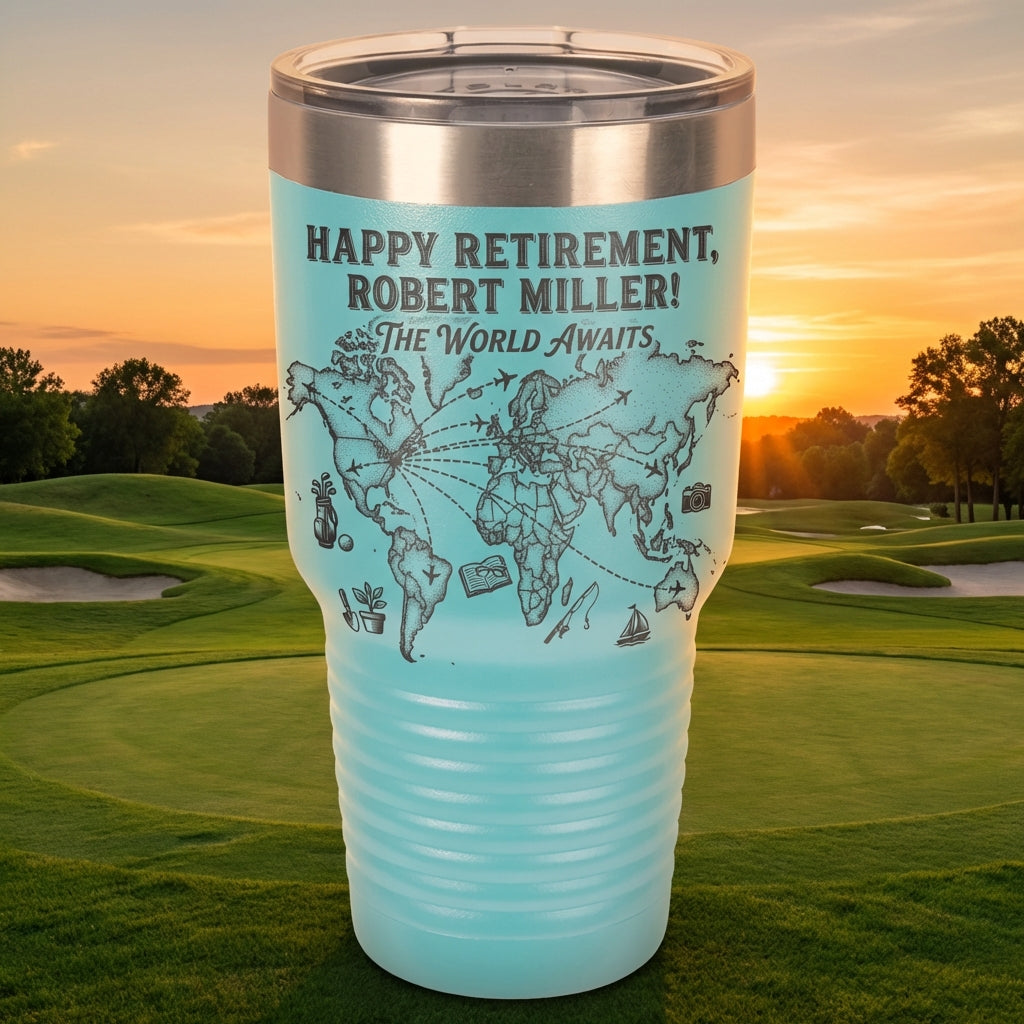 Personalized Retirement Gift Tumbler World Map Travel Adventure Laser Engraved Custom Name Retiree Gift Idea Durable Insulated - View 5