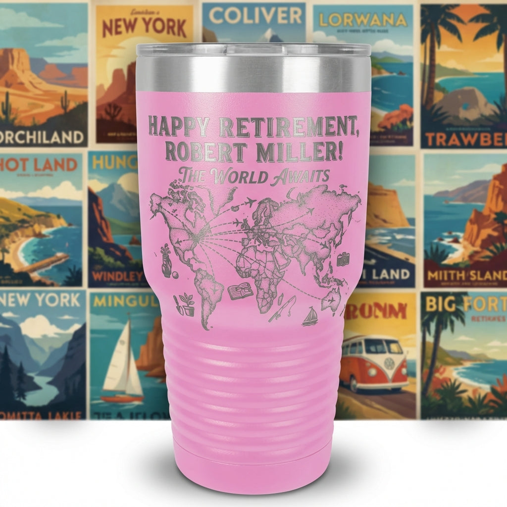 Personalized Retirement Gift Tumbler World Map Travel Adventure Laser Engraved Custom Name Retiree Gift Idea Durable Insulated - View 6