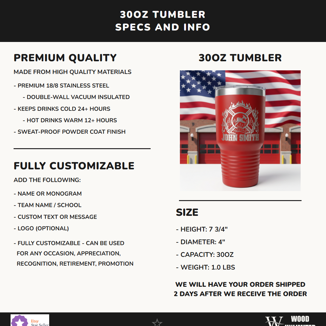 Personalized Firefighter Tumbler Gift - Fire Department Appreciation - Laser Engraved 30oz - Custom Fireman Name