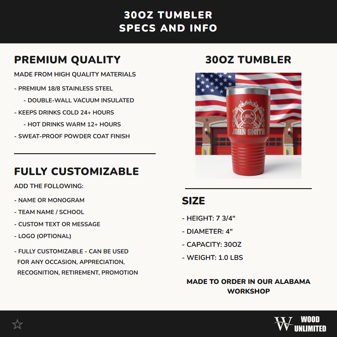 Personalized Firefighter Tumbler Gift - Fire Department Appreciation - Laser Engraved 30oz - Custom Fireman Name