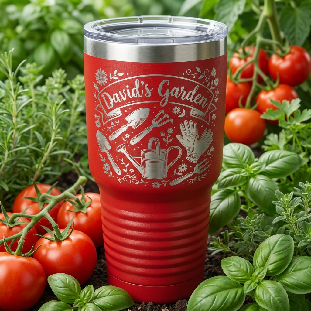 Personalized Gardener Tumbler, Custom Gardening Gift for Women & Men, Laser Engraved Garden Lover Mug, Rustic Floral Tool Design