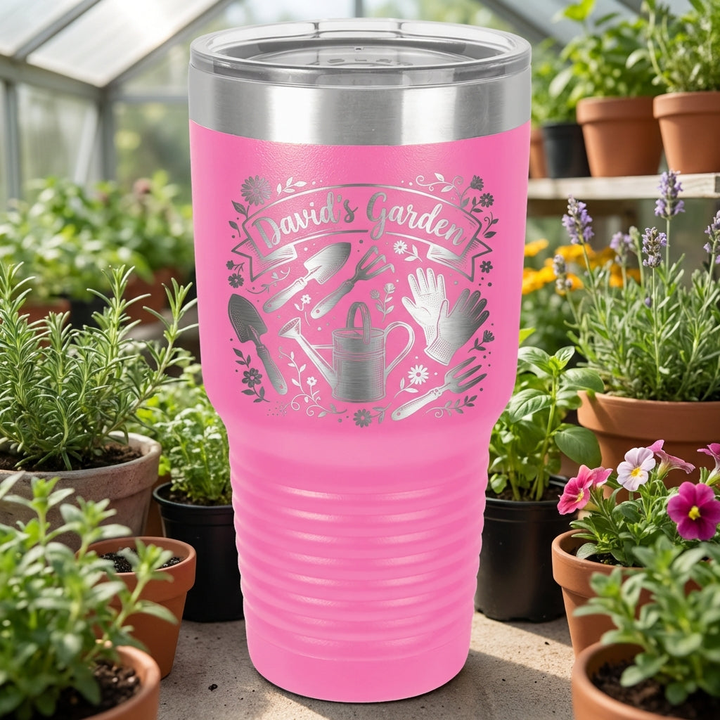 Personalized Gardener Tumbler, Custom Gardening Gift for Women & Men, Laser Engraved Garden Lover Mug, Rustic Floral Tool Design