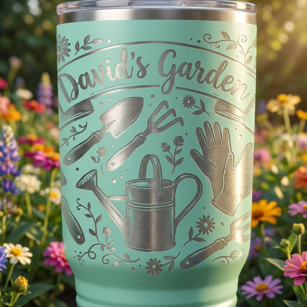 Personalized Gardener Tumbler, Custom Gardening Gift for Women & Men, Laser Engraved Garden Lover Mug, Rustic Floral Tool Design