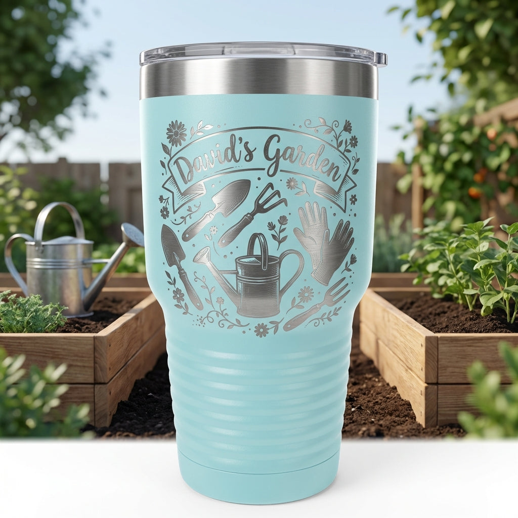 Personalized Gardener Tumbler, Custom Gardening Gift for Women & Men, Laser Engraved Garden Lover Mug, Rustic Floral Tool Design