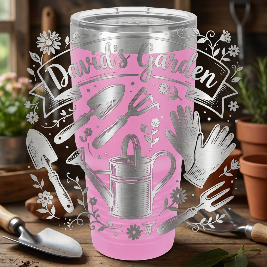Personalized Gardener Tumbler, Custom Gardening Gift for Women & Men, Laser Engraved Garden Lover Mug, Rustic Floral Tool Design
